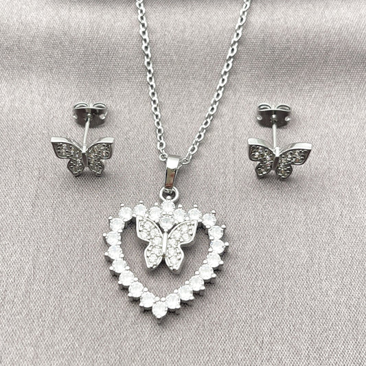 Rhodium Gold Filled Earring and Pendant Adult Set, Heart and Butterfly Design, with White Cubic Zirconia, Polished, Rhodium Finish