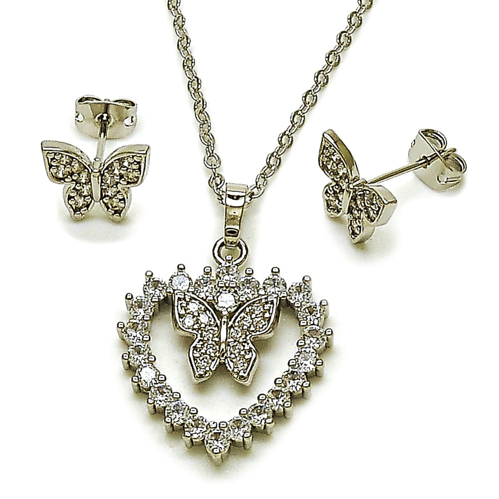 Rhodium Gold Filled Earring and Pendant Adult Set, Heart and Butterfly Design, with White Cubic Zirconia, Polished, Rhodium Finish