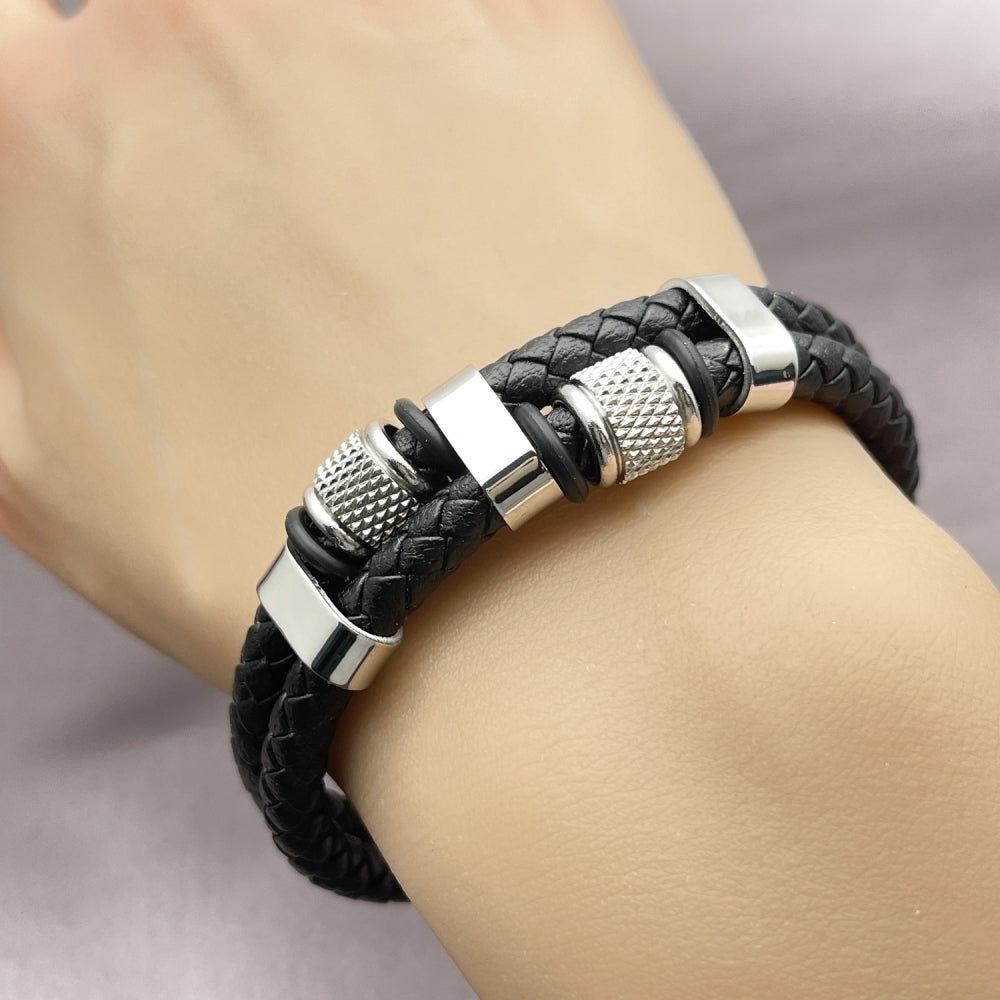Stainless Steel Fancy Bracelet, Black Leather Finish, Steel Finish