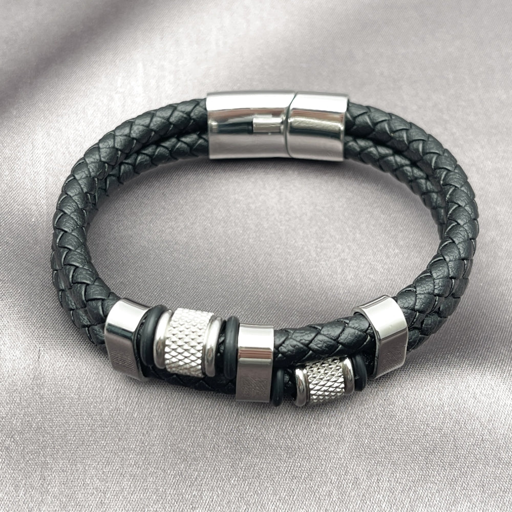 Stainless Steel Fancy Bracelet, Black Leather Finish, Steel Finish