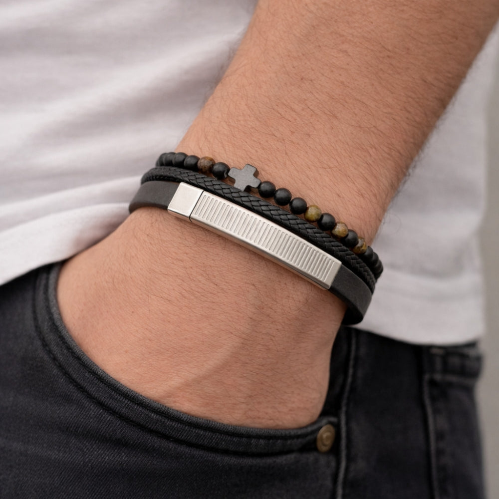 Stainless Steel Fancy Bracelet, Cross and Ball Design, Black Leather Finish, Steel Finish