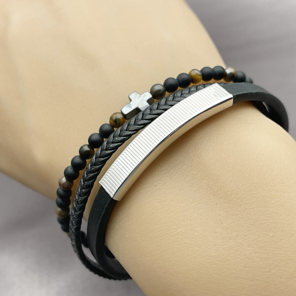 Stainless Steel Fancy Bracelet, Cross and Ball Design, Black Leather Finish, Steel Finish