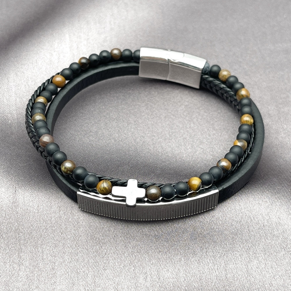 Stainless Steel Fancy Bracelet, Cross and Ball Design, Black Leather Finish, Steel Finish