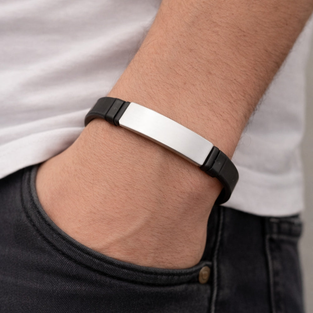 Stainless Steel ID Bracelet, Black Leather Finish, Steel Finish