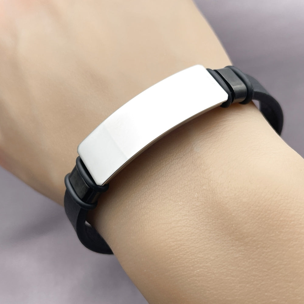 Stainless Steel ID Bracelet, Black Leather Finish, Steel Finish