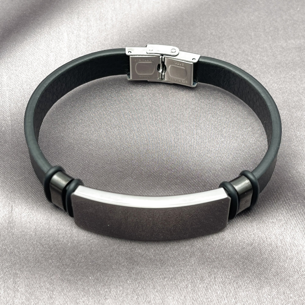 Stainless Steel ID Bracelet, Black Leather Finish, Steel Finish
