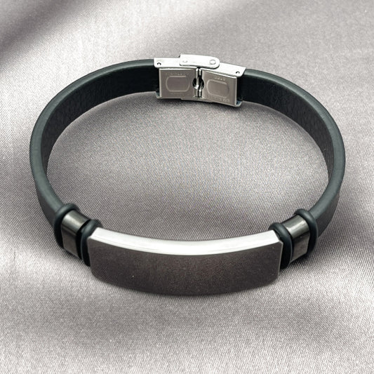 Stainless Steel ID Bracelet, Black Leather Finish, Steel Finish