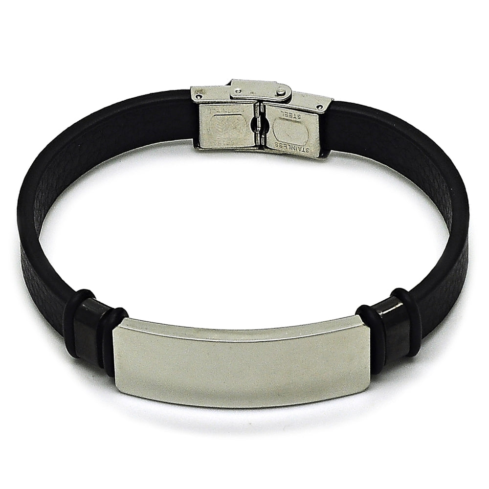 Stainless Steel ID Bracelet, Black Leather Finish, Steel Finish