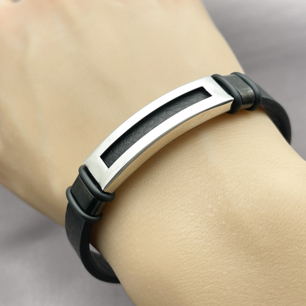 Stainless Steel ID Bracelet, Black Leather Finish, Steel Finish