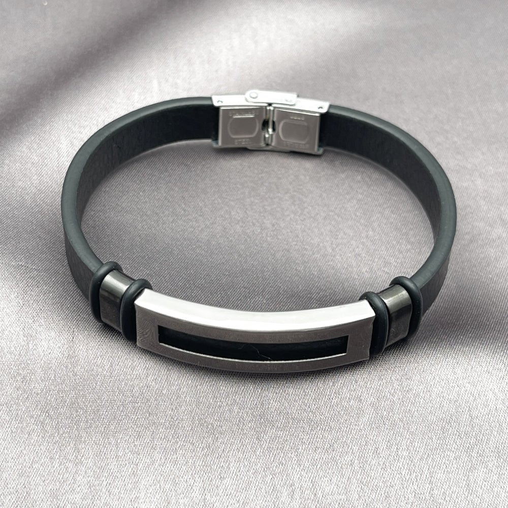 Stainless Steel ID Bracelet, Black Leather Finish, Steel Finish