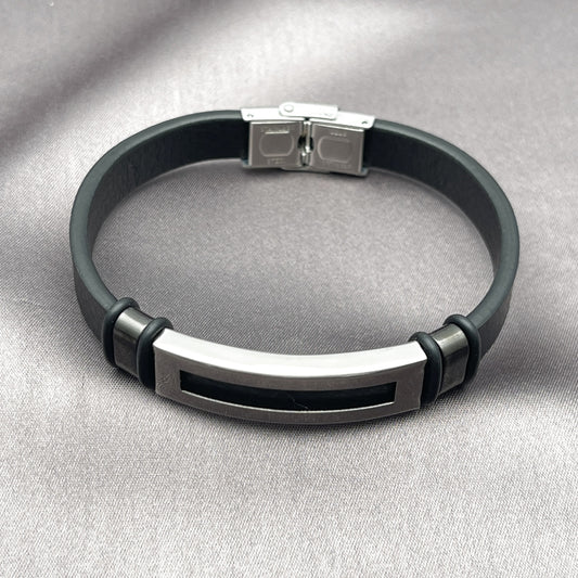 Stainless Steel ID Bracelet, Black Leather Finish, Steel Finish