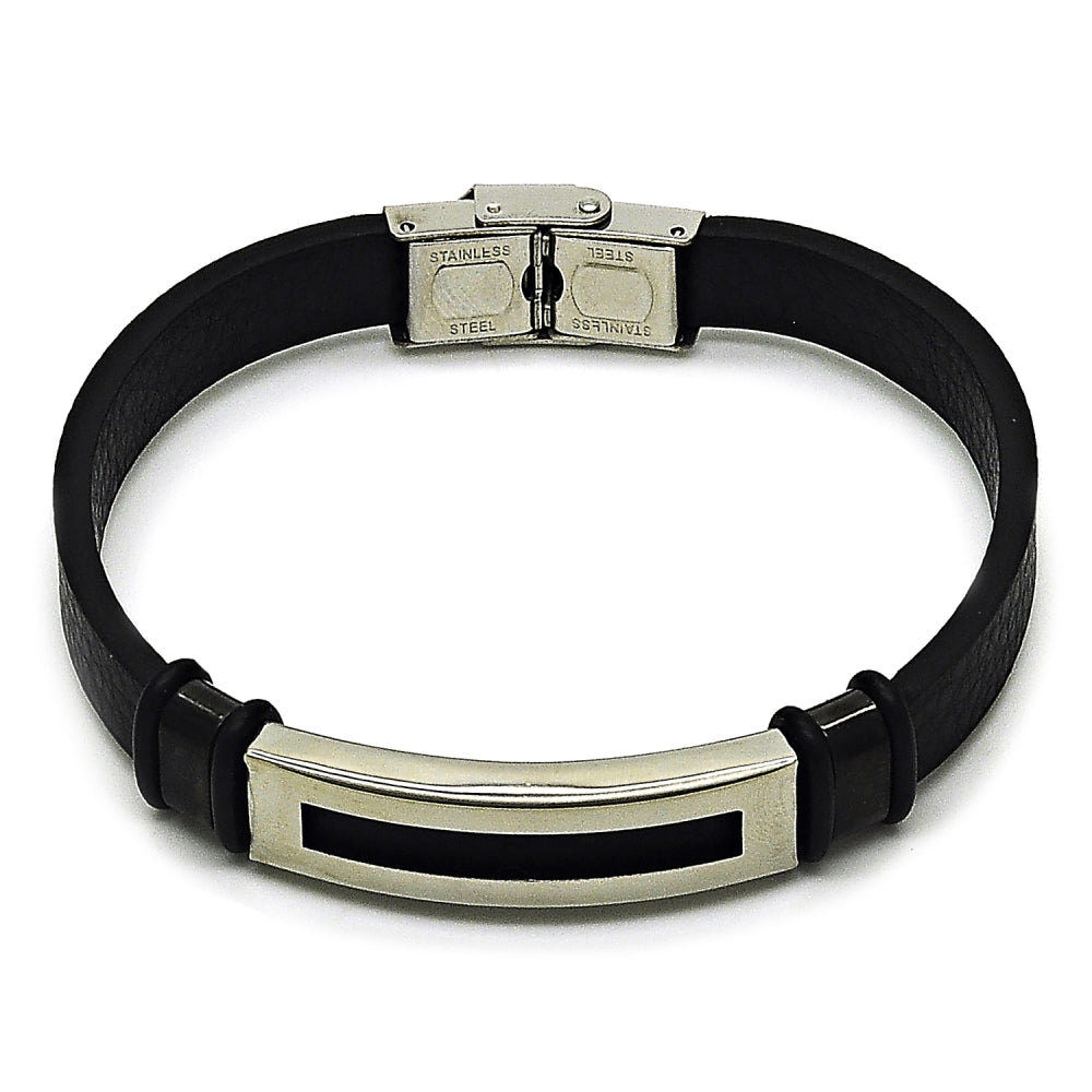 Stainless Steel ID Bracelet, Black Leather Finish, Steel Finish