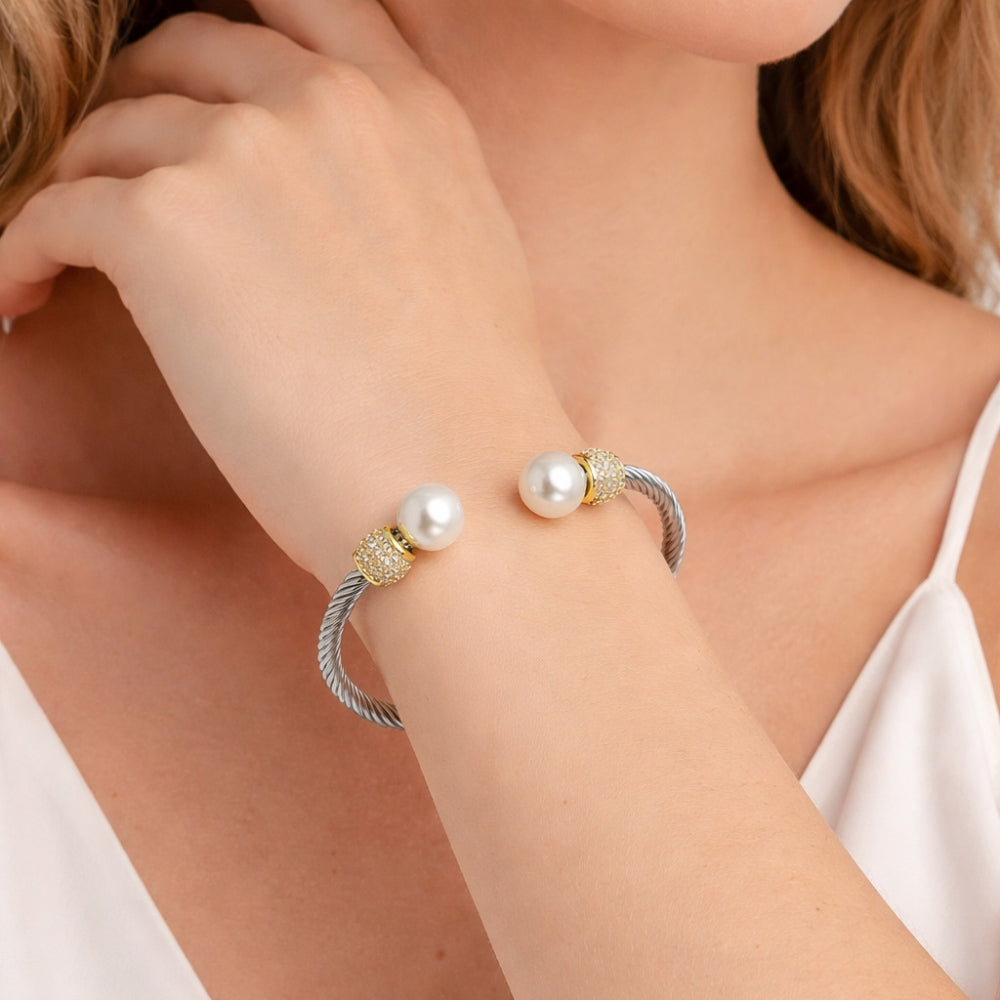 Stainless Steel Individual Bangle, Twist and Ball Design, with Ivory Pearl and White Micro Pave, Polished, Steel Finish