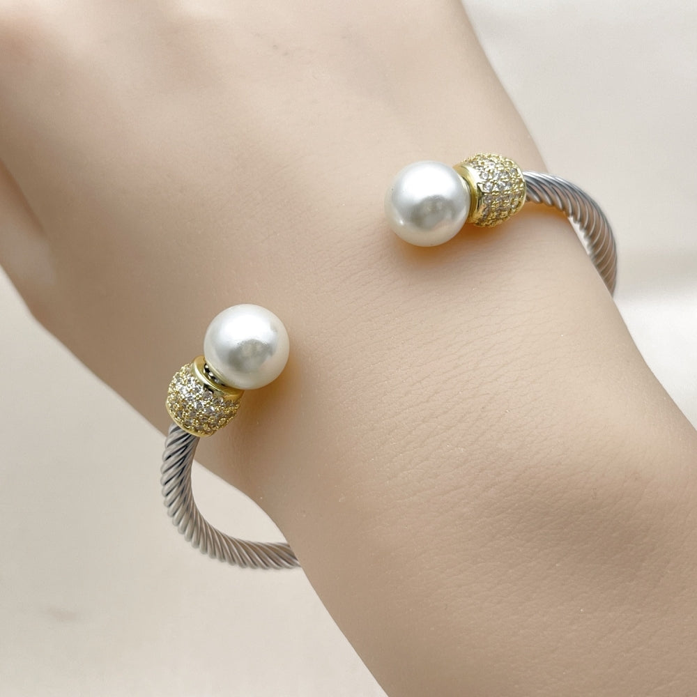 Stainless Steel Individual Bangle, Twist and Ball Design, with Ivory Pearl and White Micro Pave, Polished, Steel Finish