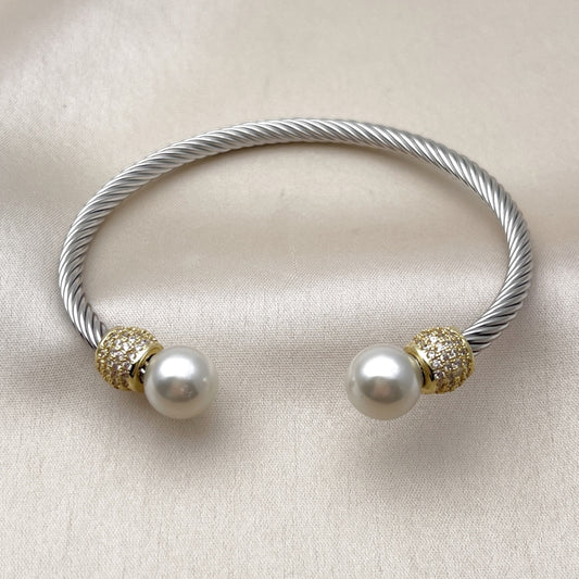Stainless Steel Individual Bangle, Twist and Ball Design, with Ivory Pearl and White Micro Pave, Polished, Steel Finish
