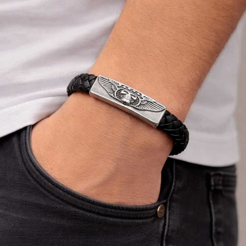 Stainless Steel Fancy Bracelet, Skull and Wings Design, Black Leather Finish, Steel Finish