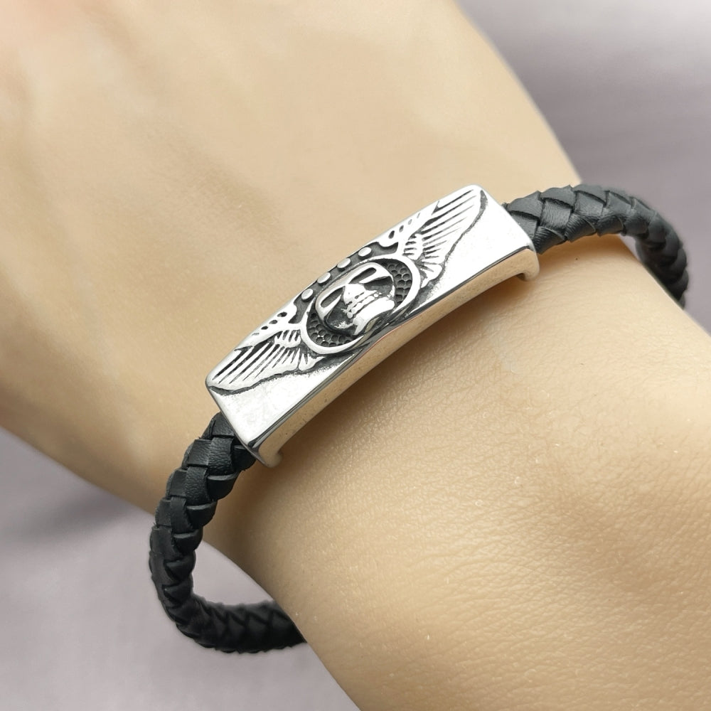Stainless Steel Fancy Bracelet, Skull and Wings Design, Black Leather Finish, Steel Finish