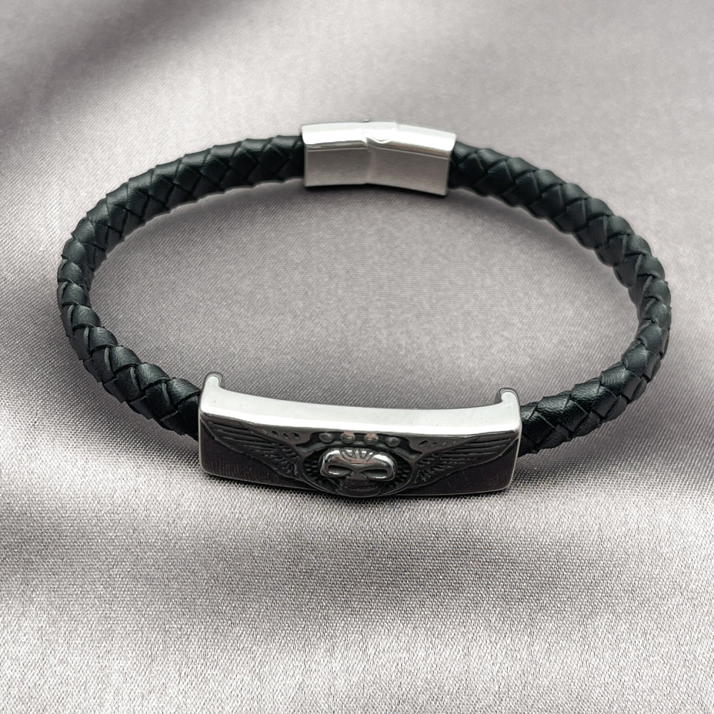 Stainless Steel Fancy Bracelet, Skull and Wings Design, Black Leather Finish, Steel Finish