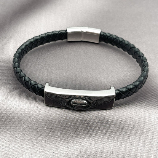 Stainless Steel Fancy Bracelet, Skull and Wings Design, Black Leather Finish, Steel Finish