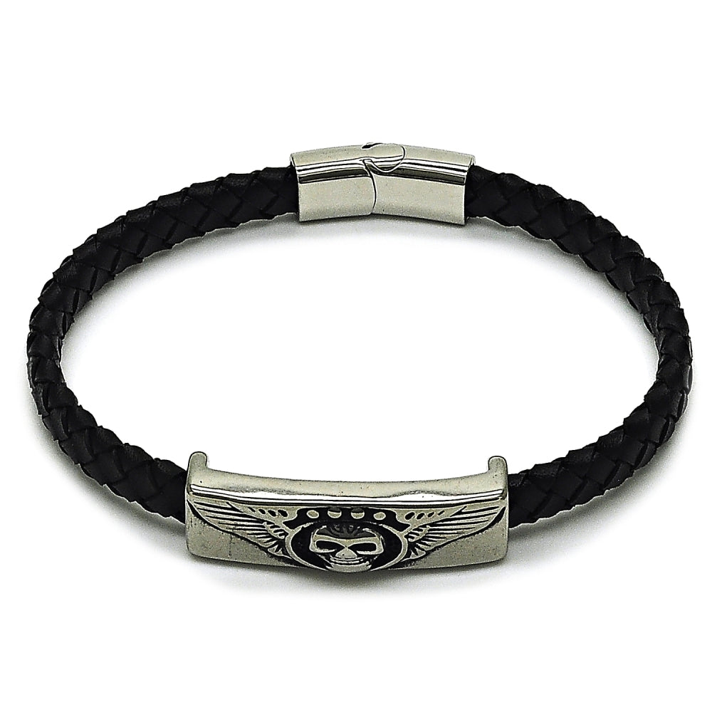 Stainless Steel Fancy Bracelet, Skull and Wings Design, Black Leather Finish, Steel Finish