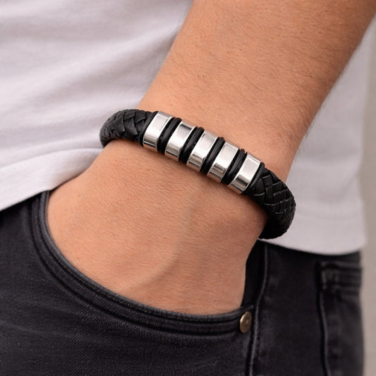 Stainless Steel Fancy Bracelet, Black Leather Finish, Steel Finish