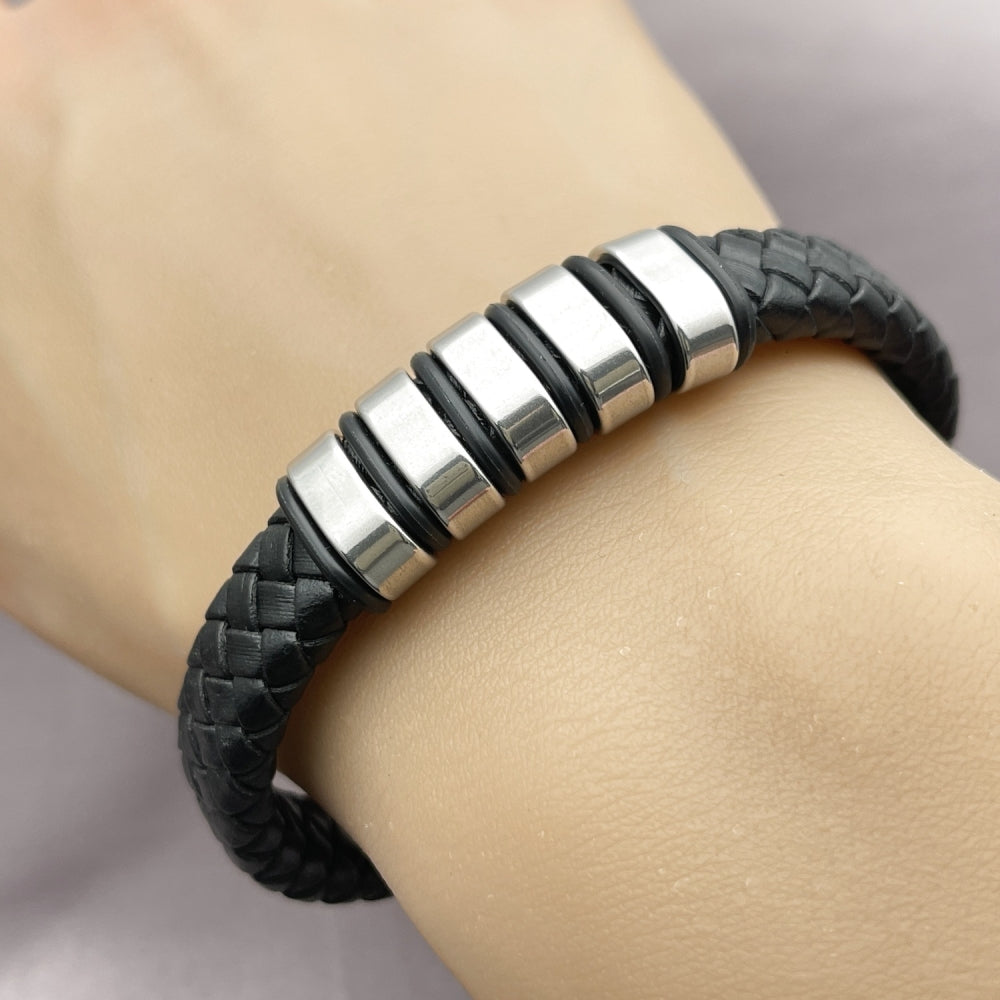 Stainless Steel Fancy Bracelet, Black Leather Finish, Steel Finish