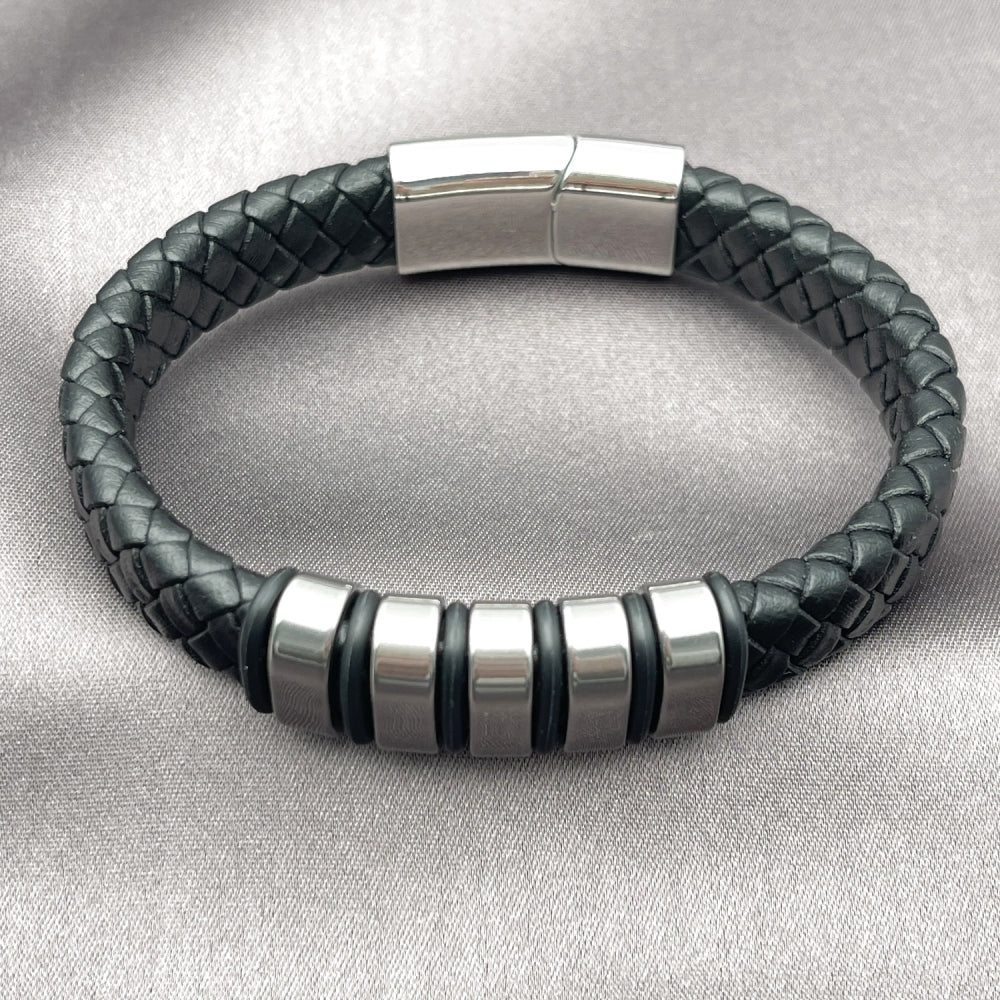 Stainless Steel Fancy Bracelet, Black Leather Finish, Steel Finish