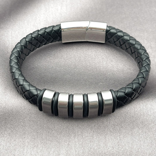 Stainless Steel Fancy Bracelet, Black Leather Finish, Steel Finish
