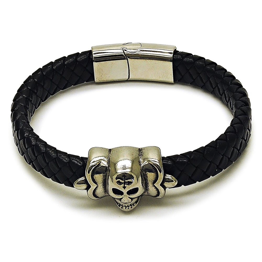 Stainless Steel Fancy Bracelet, Skull Design, Black Leather Finish, Steel Finish