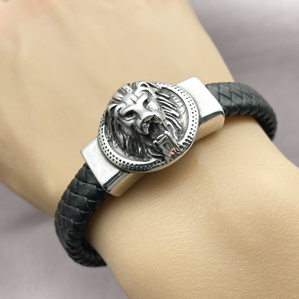 Stainless Steel Fancy Bracelet, Lion Design, Black Leather Finish, Steel Finish