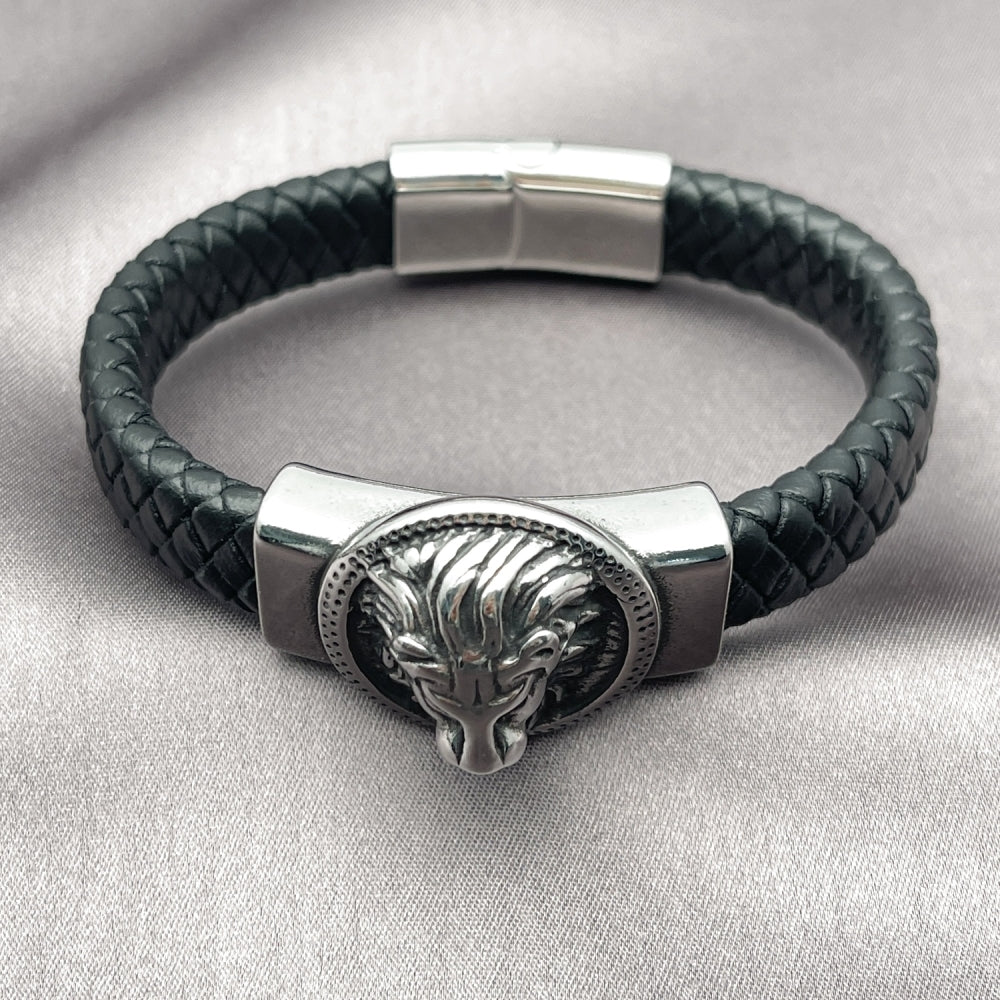 Stainless Steel Fancy Bracelet, Lion Design, Black Leather Finish, Steel Finish
