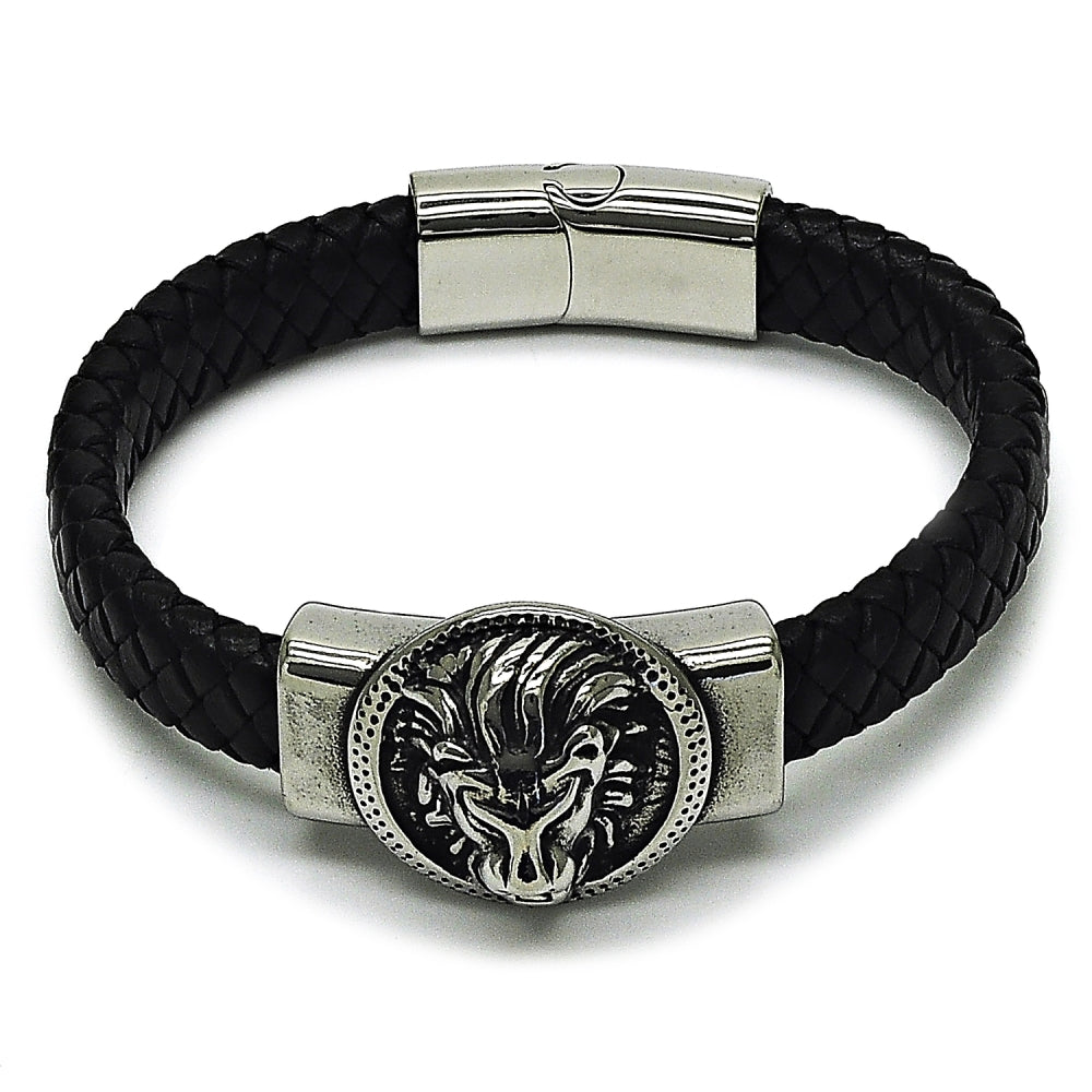 Stainless Steel Fancy Bracelet, Lion Design, Black Leather Finish, Steel Finish
