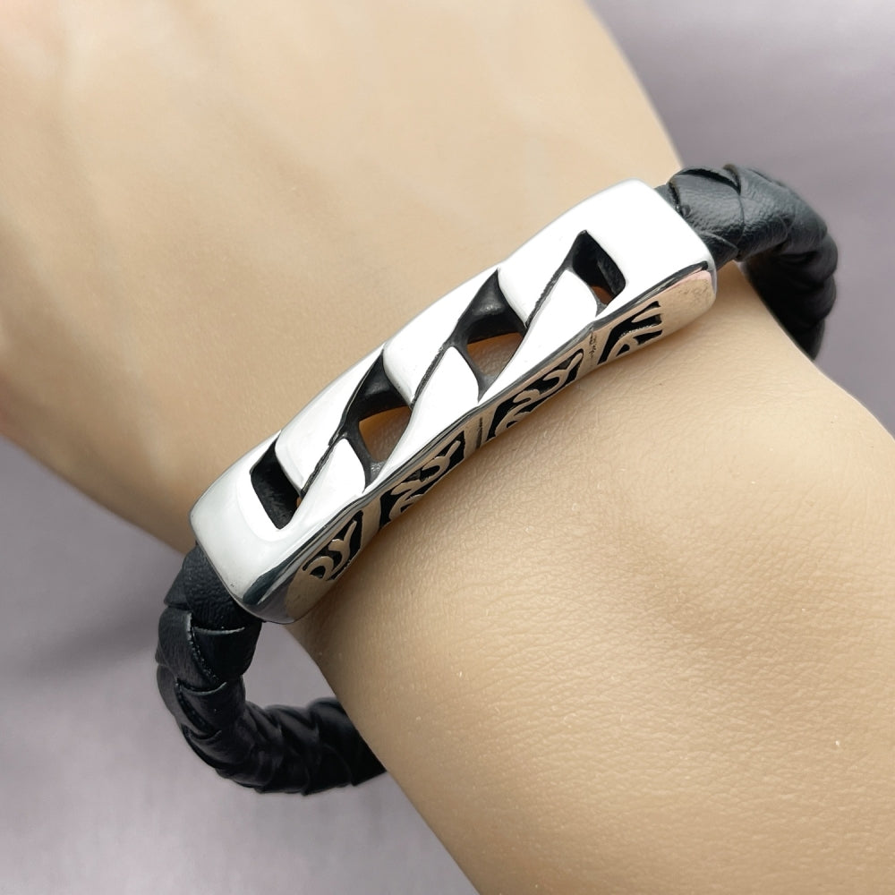 Stainless Steel Fancy Bracelet, Miami Cuban Design, Black Leather Finish, Steel Finish