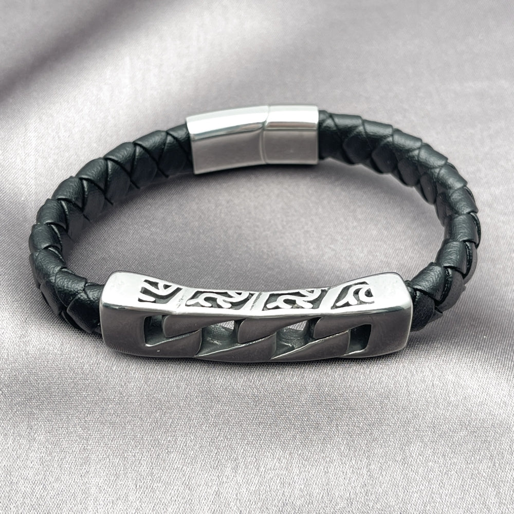 Stainless Steel Fancy Bracelet, Miami Cuban Design, Black Leather Finish, Steel Finish