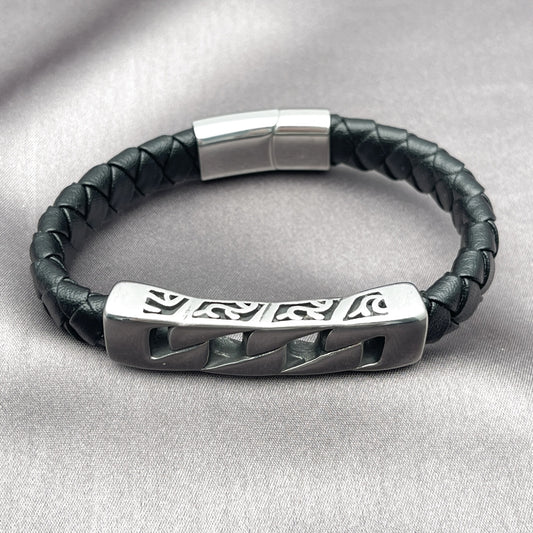 Stainless Steel Fancy Bracelet, Miami Cuban Design, Black Leather Finish, Steel Finish