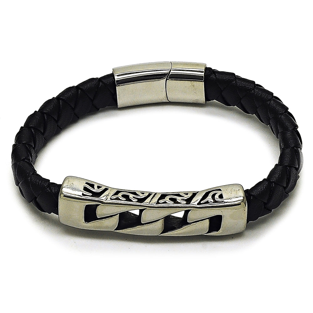 Stainless Steel Fancy Bracelet, Miami Cuban Design, Black Leather Finish, Steel Finish