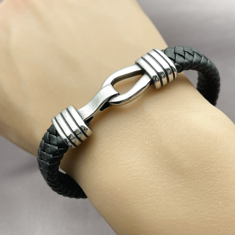 Stainless Steel Fancy Bracelet, Belt Buckle Design, Black Leather Finish, Steel Finish