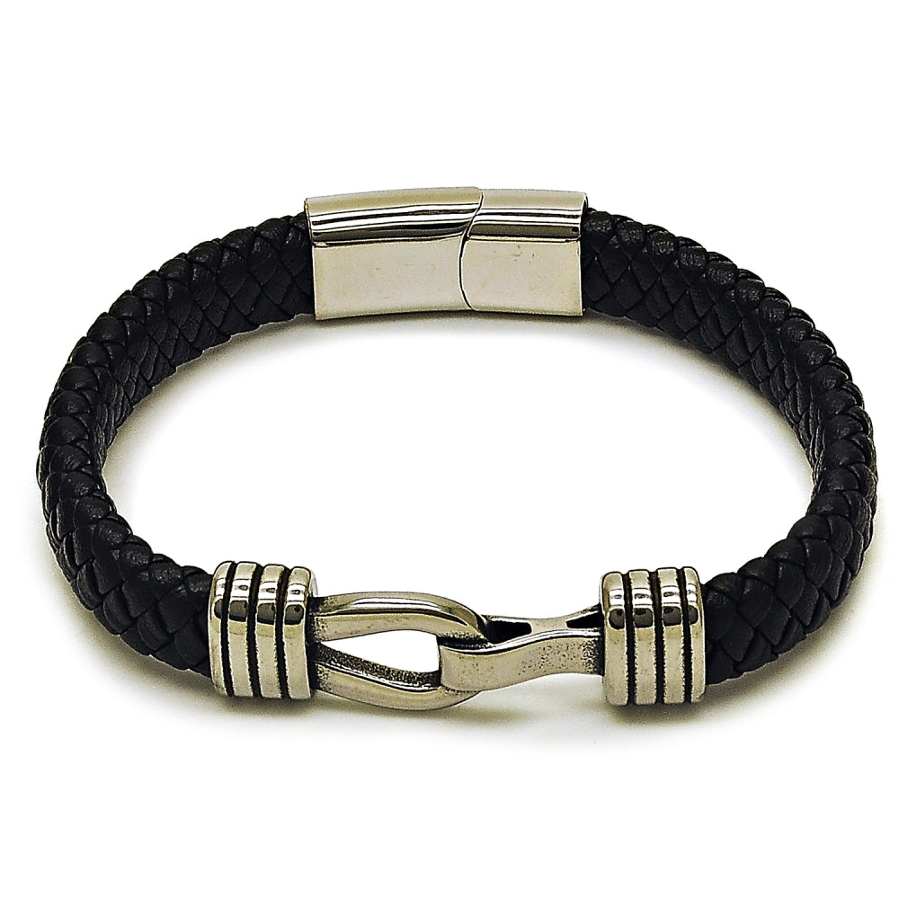 Stainless Steel Fancy Bracelet, Belt Buckle Design, Black Leather Finish, Steel Finish