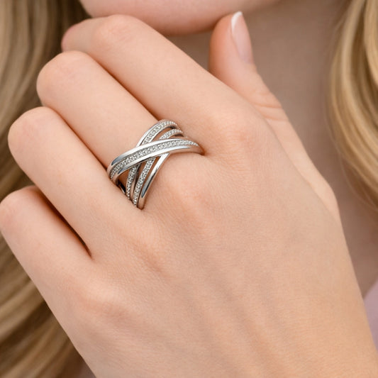 Rhodium Gold Filled Multi Stone Ring, Twist Design, with White Micro Pave, Polished, Rhodium Finish