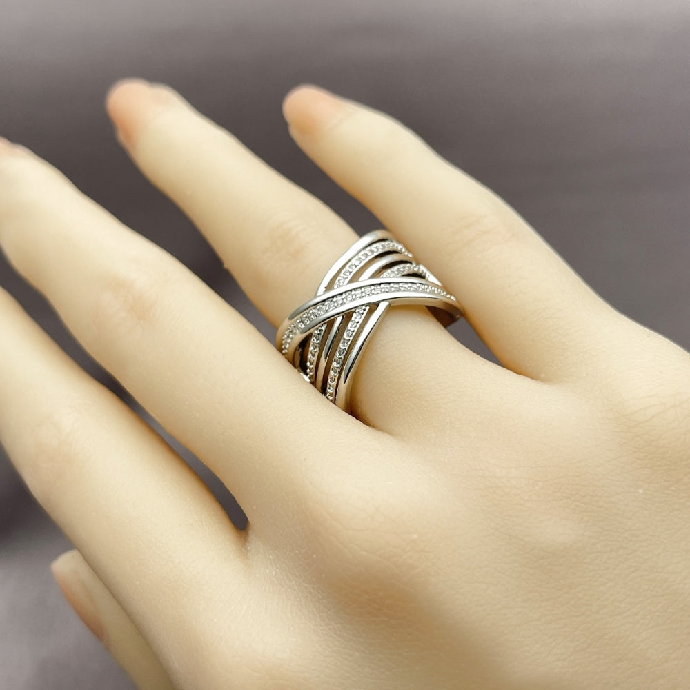 Rhodium Gold Filled Multi Stone Ring, Twist Design, with White Micro Pave, Polished, Rhodium Finish