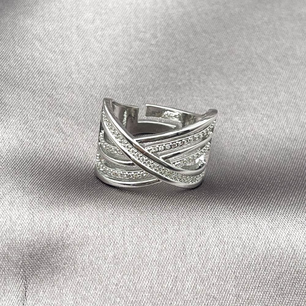 Rhodium Gold Filled Multi Stone Ring, Twist Design, with White Micro Pave, Polished, Rhodium Finish