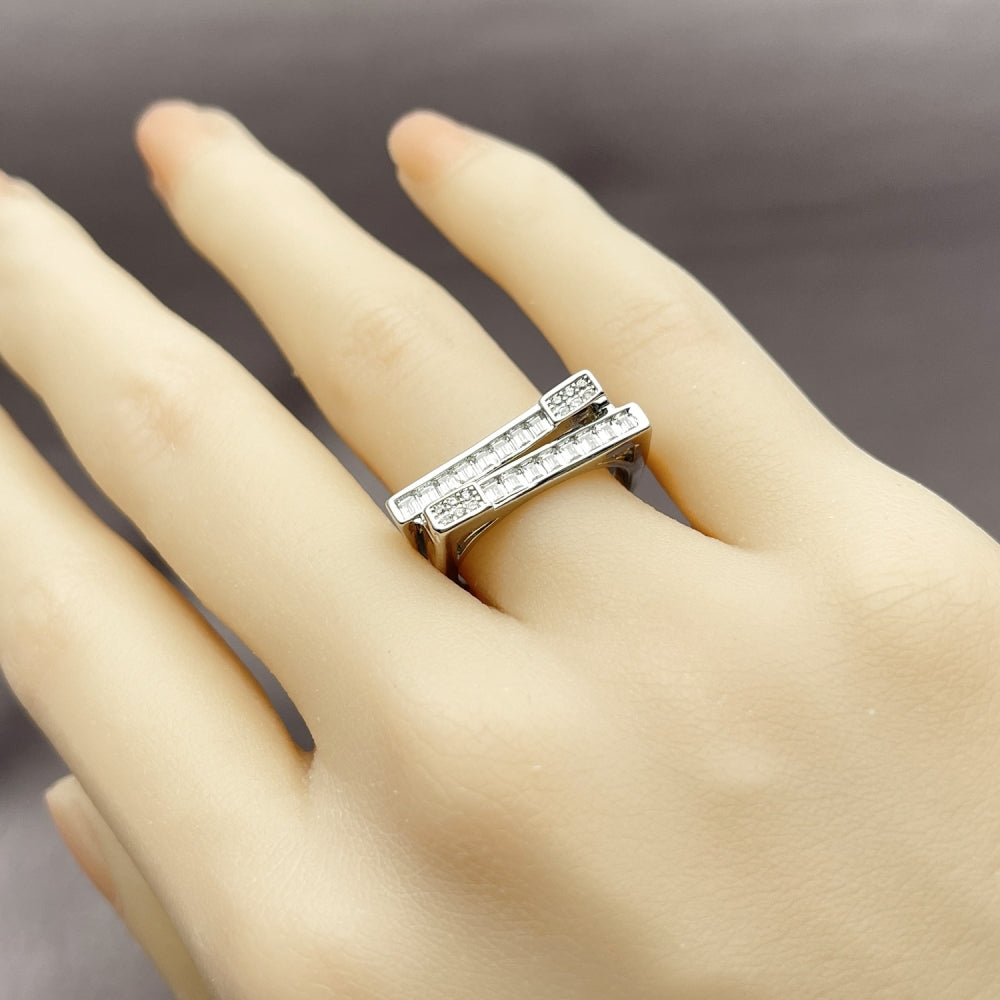 Rhodium Gold Filled Multi Stone Ring, Baguette Design, with White Cubic Zirconia and White Micro Pave, Polished, Rhodium Finish