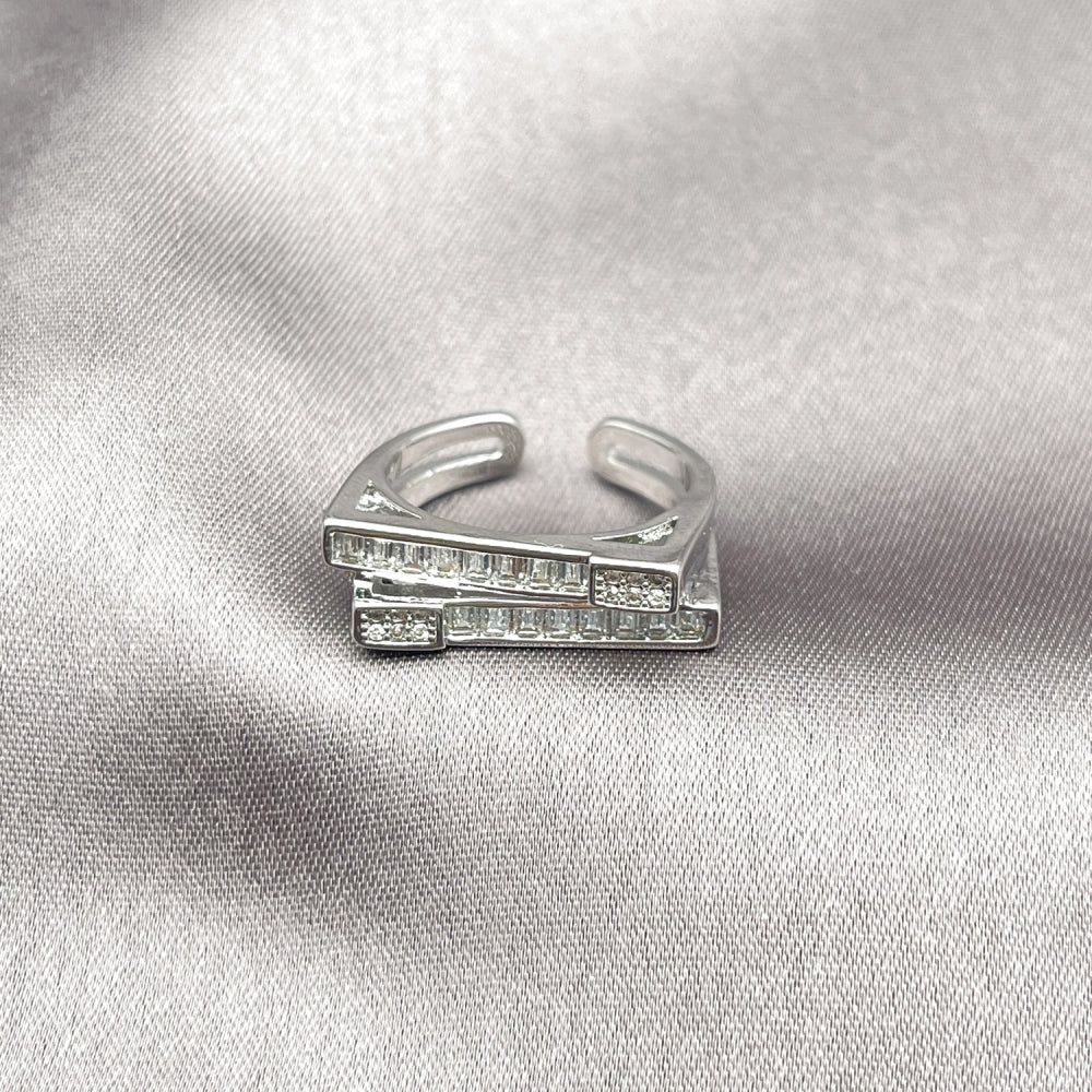 Rhodium Gold Filled Multi Stone Ring, Baguette Design, with White Cubic Zirconia and White Micro Pave, Polished, Rhodium Finish