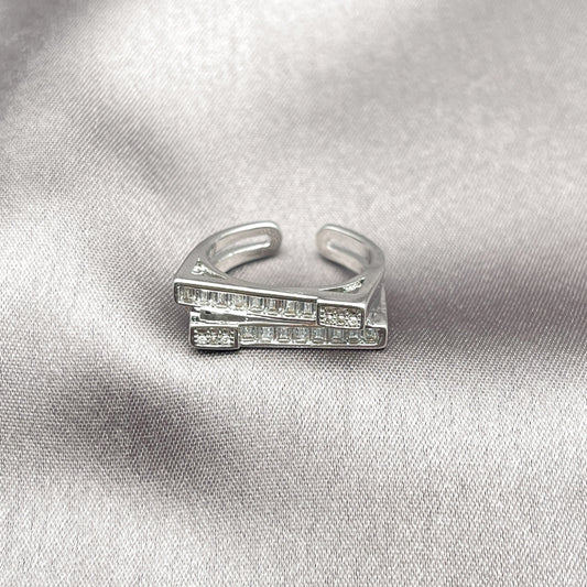 Rhodium Gold Filled Multi Stone Ring, Baguette Design, with White Cubic Zirconia and White Micro Pave, Polished, Rhodium Finish