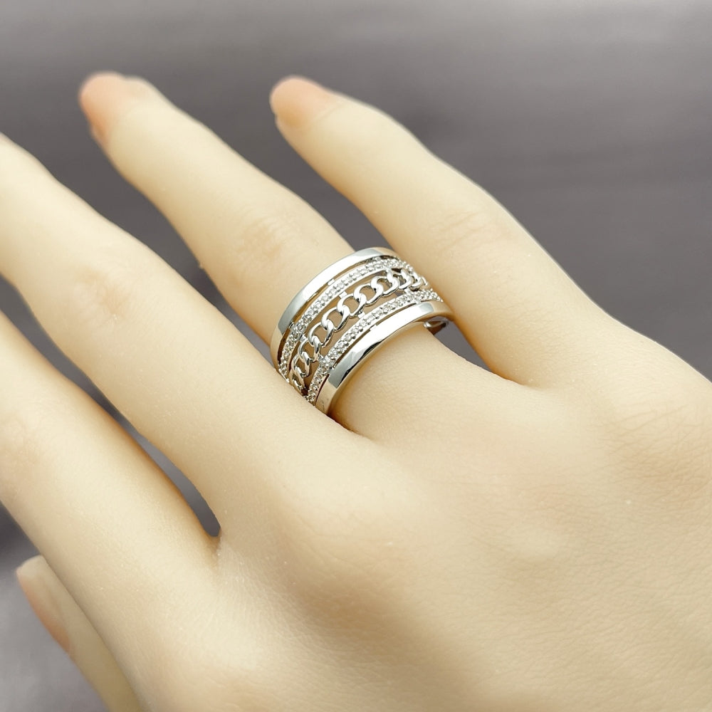 Rhodium Gold Filled Multi Stone Ring, Miami Cuban Design, with White Micro Pave, Polished, Rhodium Finish