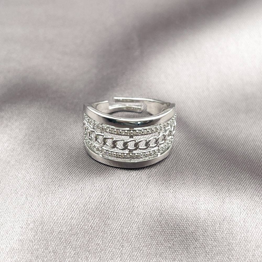 Rhodium Gold Filled Multi Stone Ring, Miami Cuban Design, with White Micro Pave, Polished, Rhodium Finish