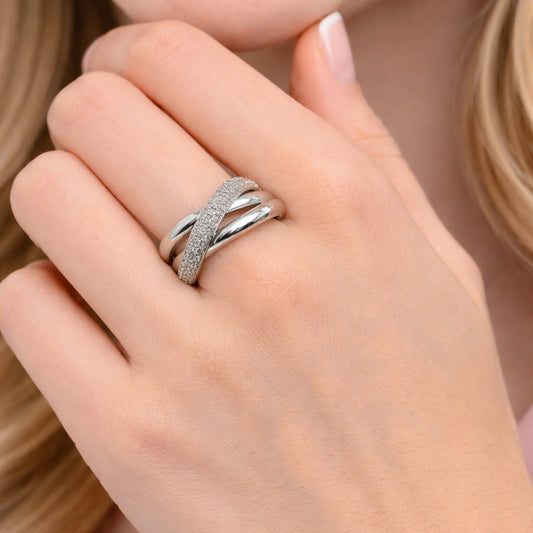Rhodium Gold Filled Multi Stone Ring, Twist Design, with White Micro Pave, Polished, Rhodium Finish