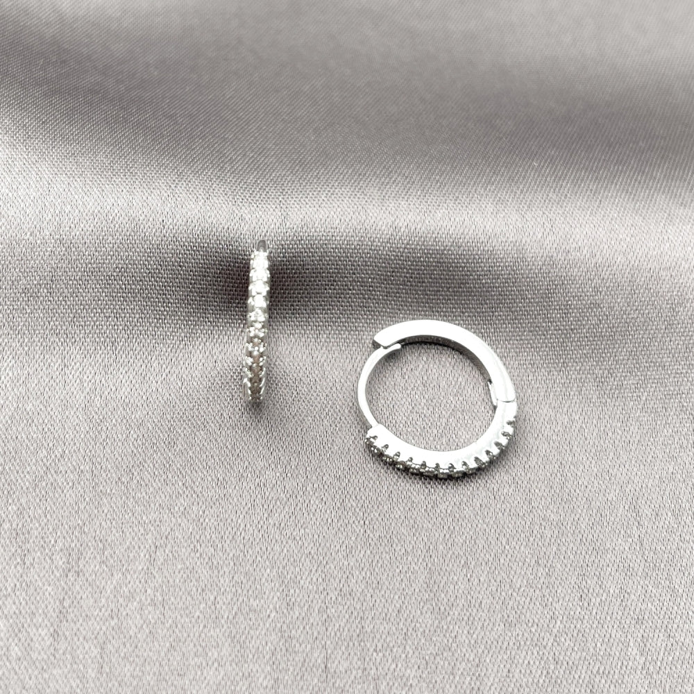 Rhodium Gold Filled Huggie Hoop, with White Micro Pave, Polished, Rhodium Finish