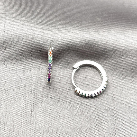 Rhodium Gold Filled Huggie Hoop, with Multicolor Micro Pave, Polished, Rhodium Finish