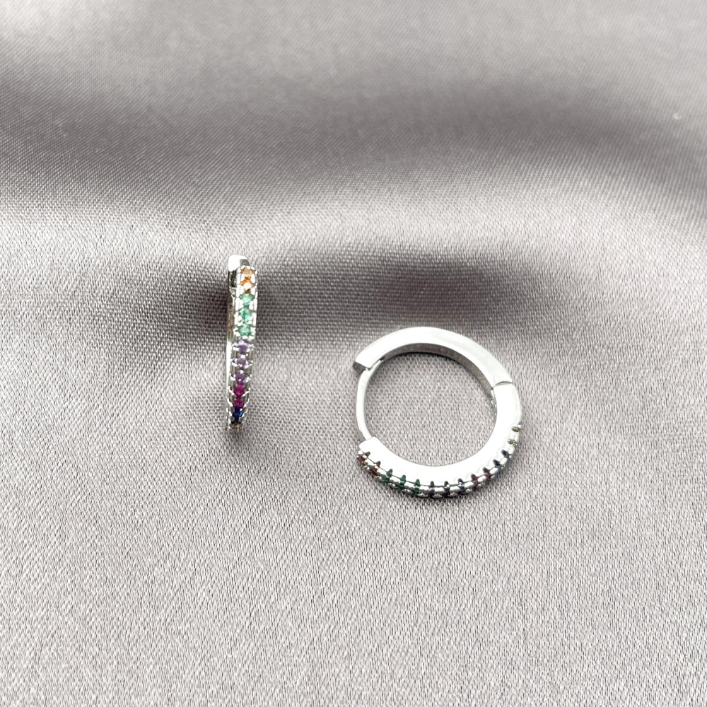Rhodium Gold Filled Huggie Hoop, with Multicolor Micro Pave, Polished, Rhodium Finish